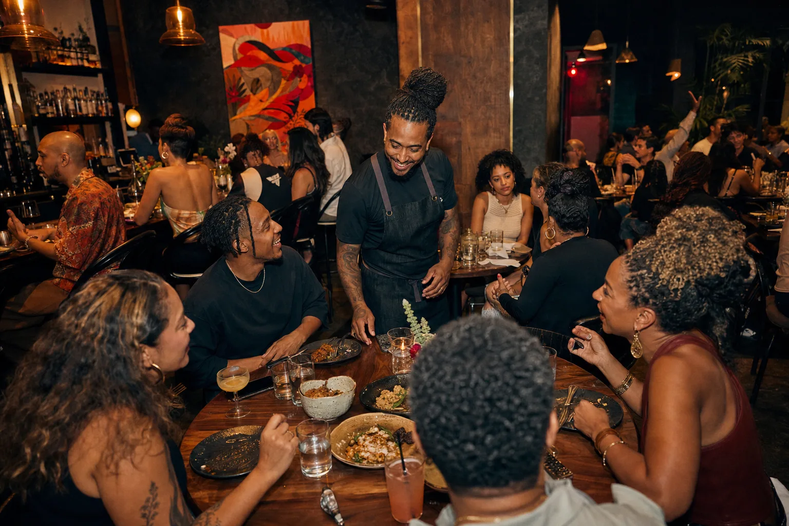 A lively dining room filled with guests